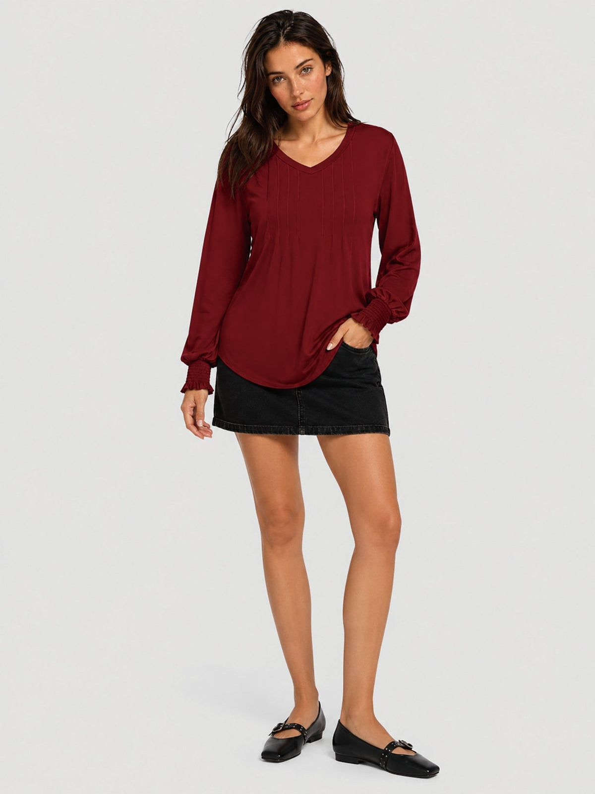 YUCOLEN Women's V Neck Pleated Tunic Blouse Ruffle Cuff Long Sleeve Shirt in Vintage Red