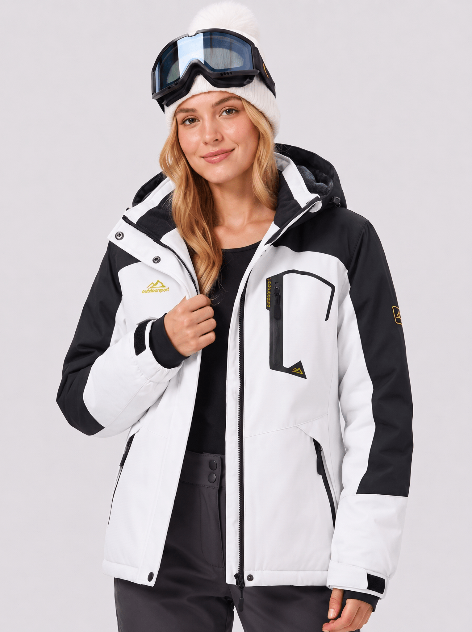 YUCOLEN Women's Waterproof Ski Jacket Fleece Lined Insulated Snow Coat with Detachable Hood in white Black