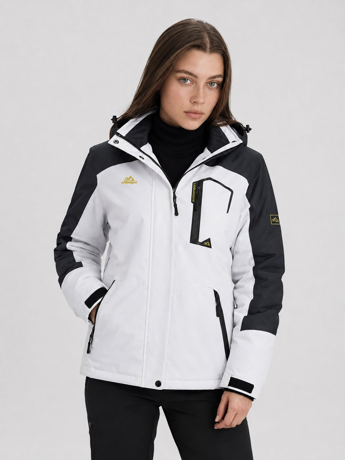 YUCOLEN Women's Waterproof Ski Jacket Fleece Lined Insulated Snow Coat with Detachable Hood in white Black