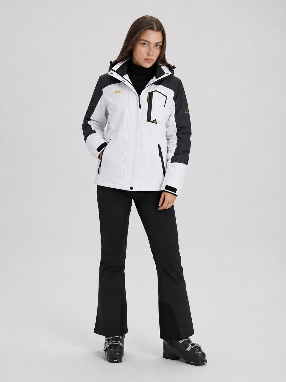 YUCOLEN Women's Waterproof Ski Jacket Fleece Lined Insulated Snow Coat with Detachable Hood in white Black