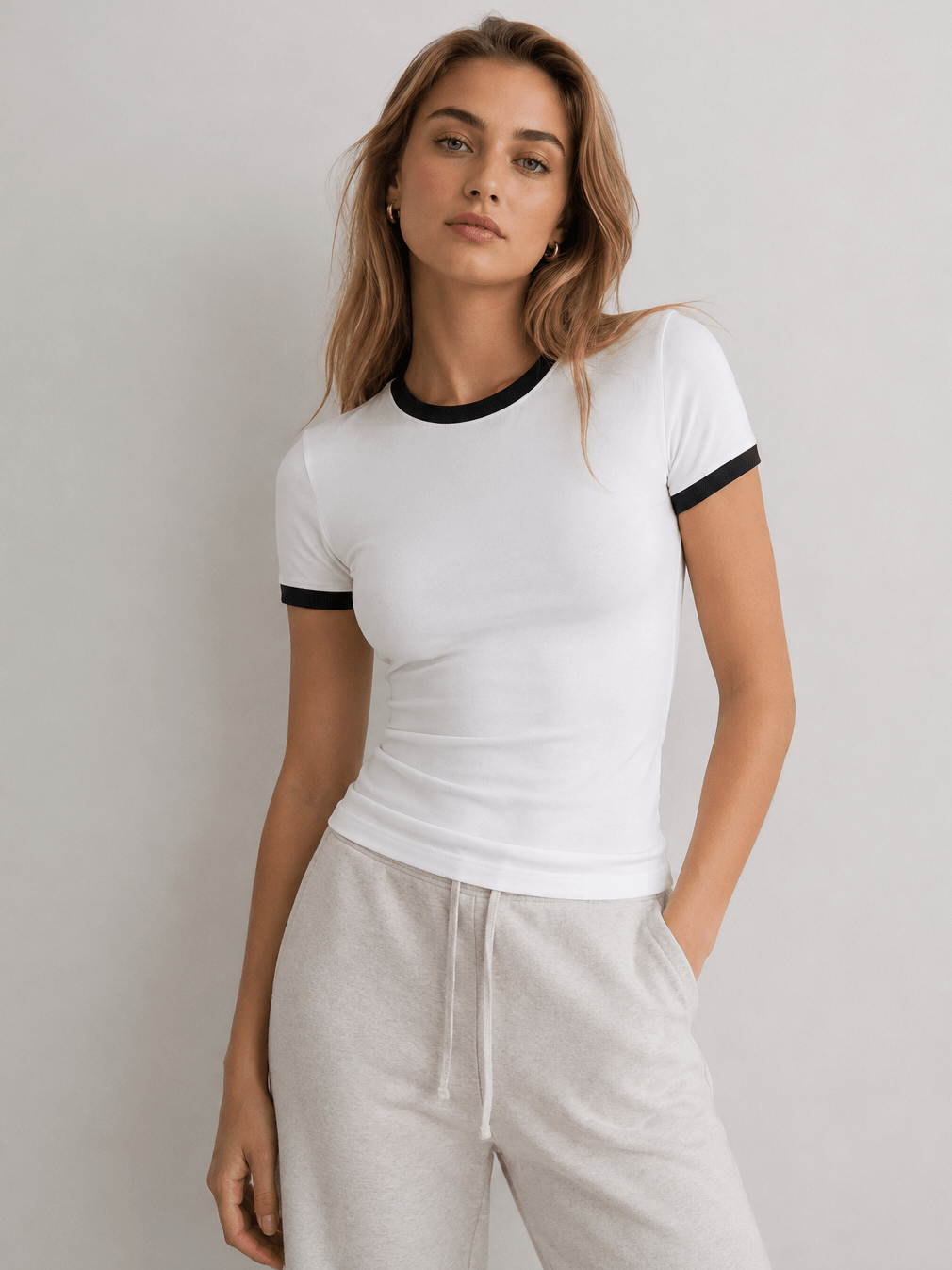 YUCOLEN Women Slim Fit Color Block Crop Top - High Stretch Athletic Shirt in White