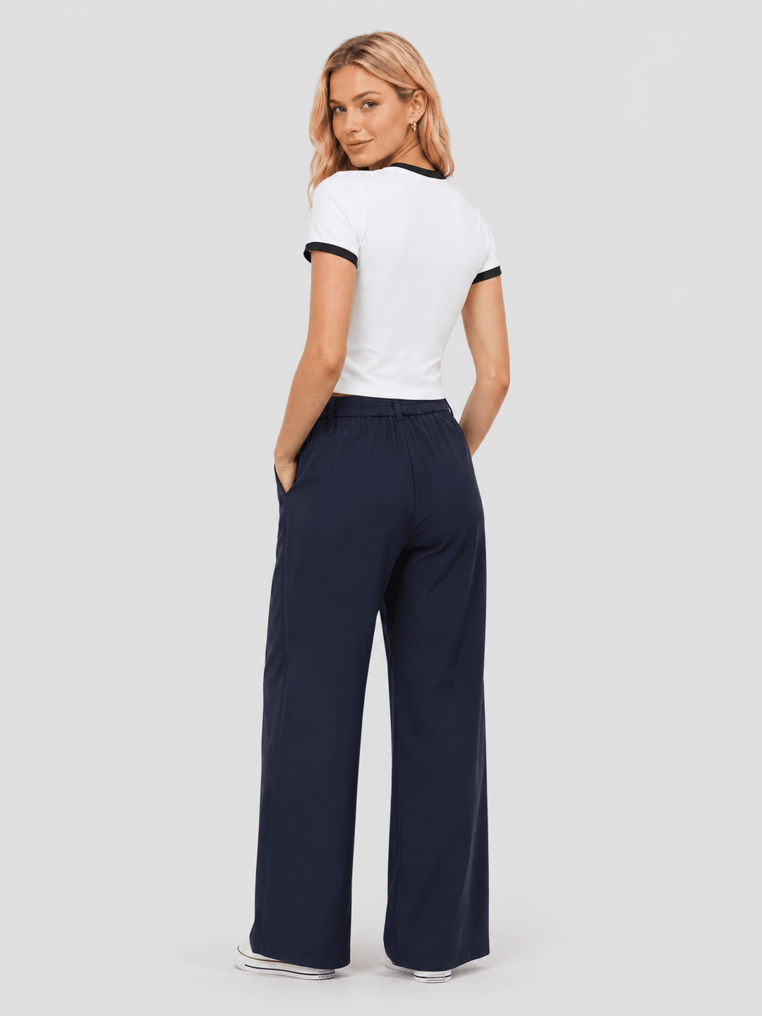 YUCOLEN Women Slim Fit Color Block Crop Top - High Stretch Athletic Shirt in White