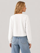 YUCOLEN Women's Breathable Cotton Blend Long Sleeve Crewneck Cropped Top in White