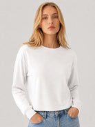 YUCOLEN Women's Breathable Cotton Blend Long Sleeve Crewneck Cropped Top in White