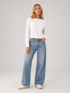 YUCOLEN Women's Breathable Cotton Blend Long Sleeve Crewneck Cropped Top in White