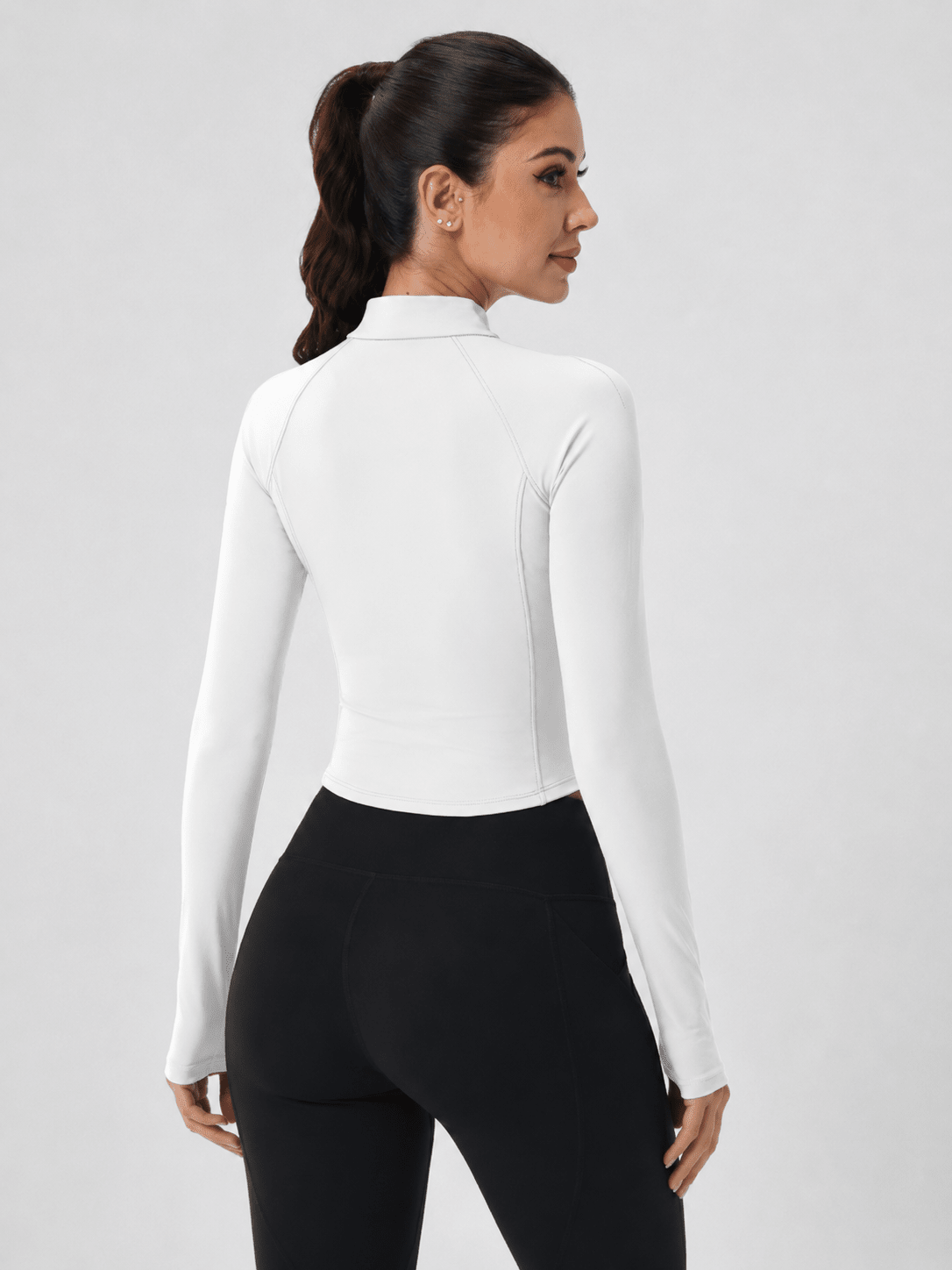 YUCOLEN Women's Cropped Full-Zip Athletic Jacket Slim Fit Workout Top with Thumbholes in White