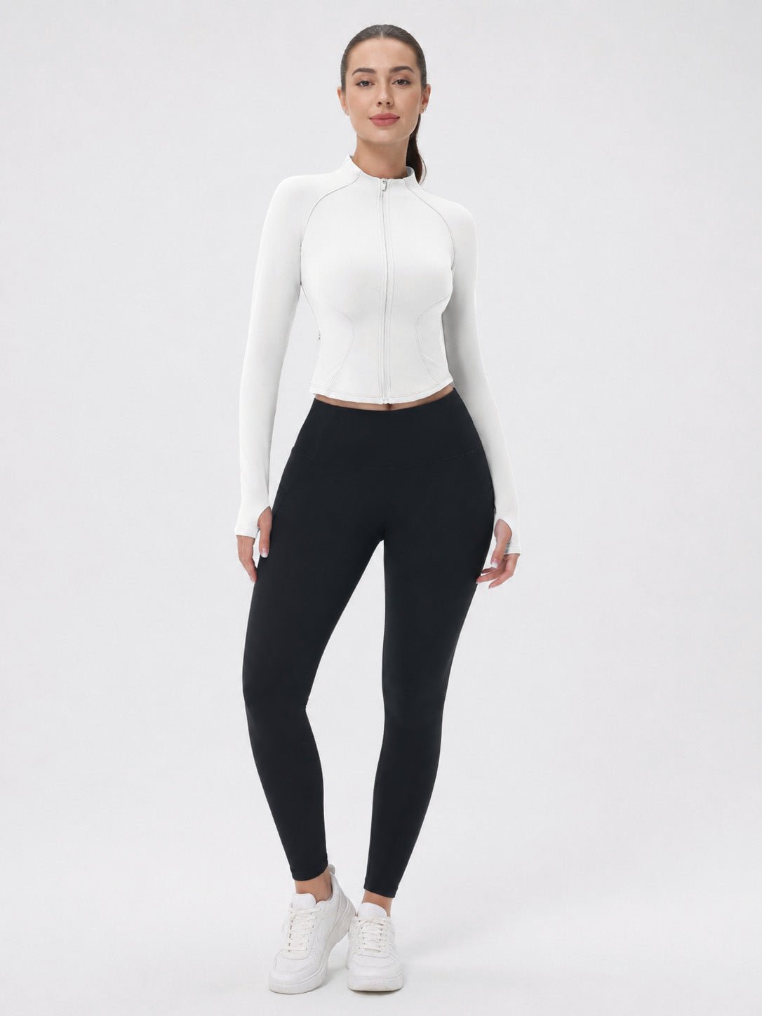 YUCOLEN Women's Cropped Full-Zip Athletic Jacket Slim Fit Workout Top with Thumbholes in White