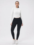 YUCOLEN Women's Cropped Full-Zip Athletic Jacket Slim Fit Workout Top with Thumbholes in White