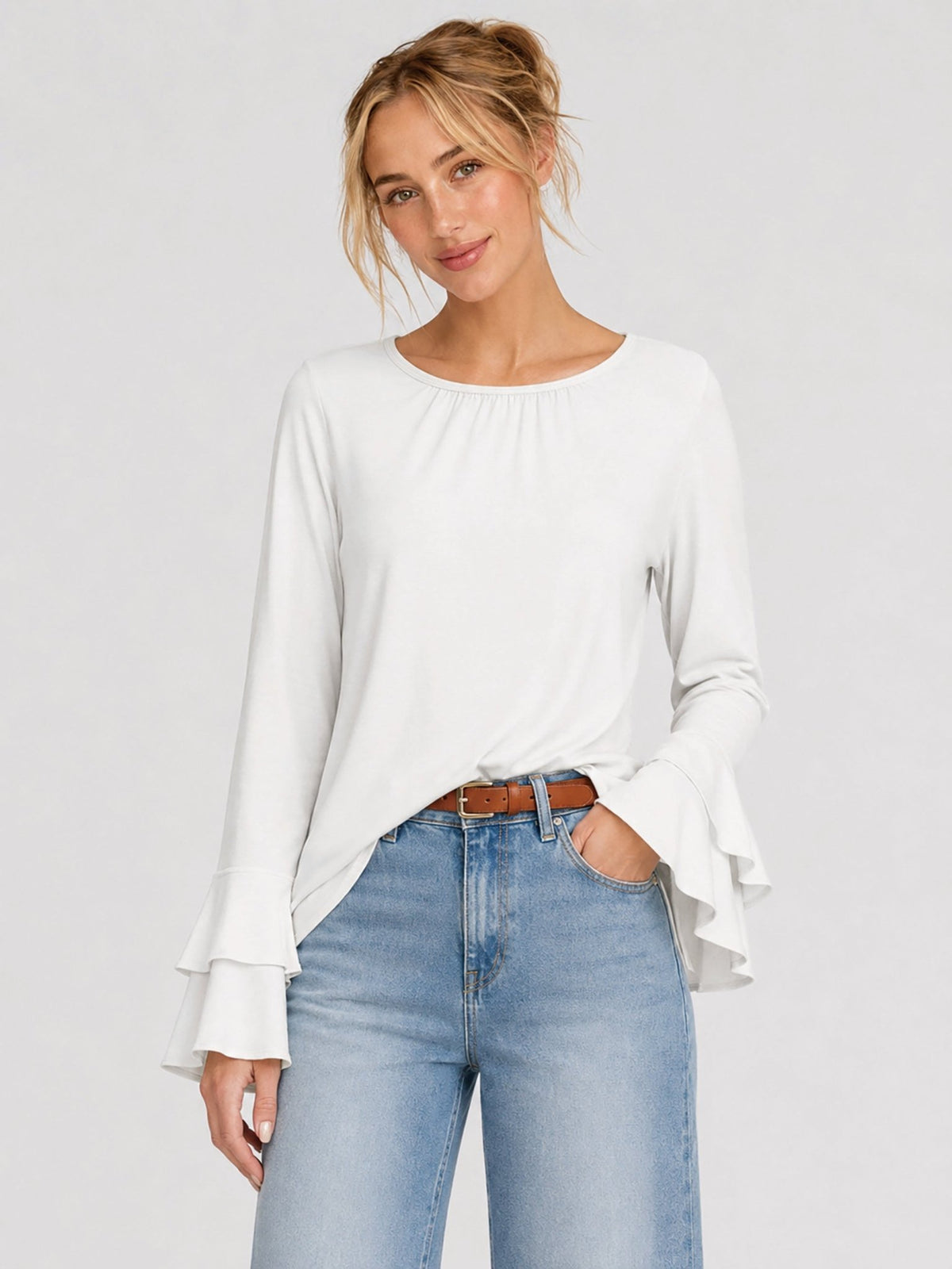 YUCOLEN Women's Double Ruffle Bell Sleeve Dressy Casual Tunic Blouse in White