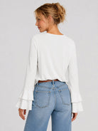 YUCOLEN Women's Double Ruffle Bell Sleeve Dressy Casual Tunic Blouse in White