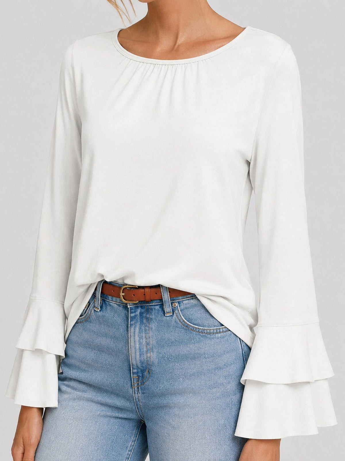 YUCOLEN Women's Double Ruffle Bell Sleeve Dressy Casual Tunic Blouse in White