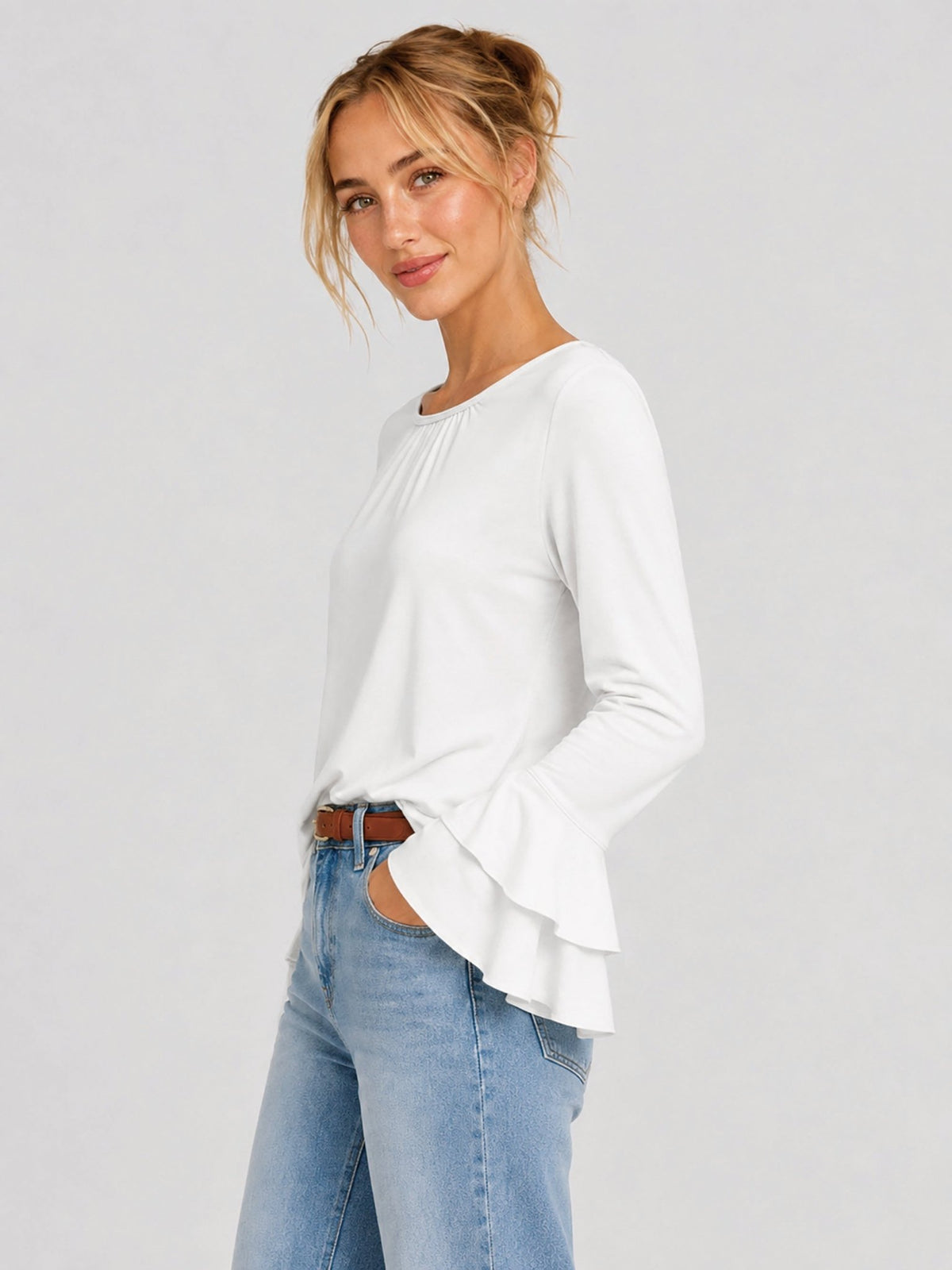 YUCOLEN Women's Double Ruffle Bell Sleeve Dressy Casual Tunic Blouse in White