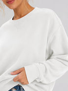 YUCOLEN Women's Fleece Lined Crewneck Sweatshirt with Thumb Holes Loose Fit Pullover in White