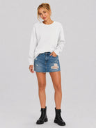 YUCOLEN Women's Fleece Lined Crewneck Sweatshirt with Thumb Holes Loose Fit Pullover in White