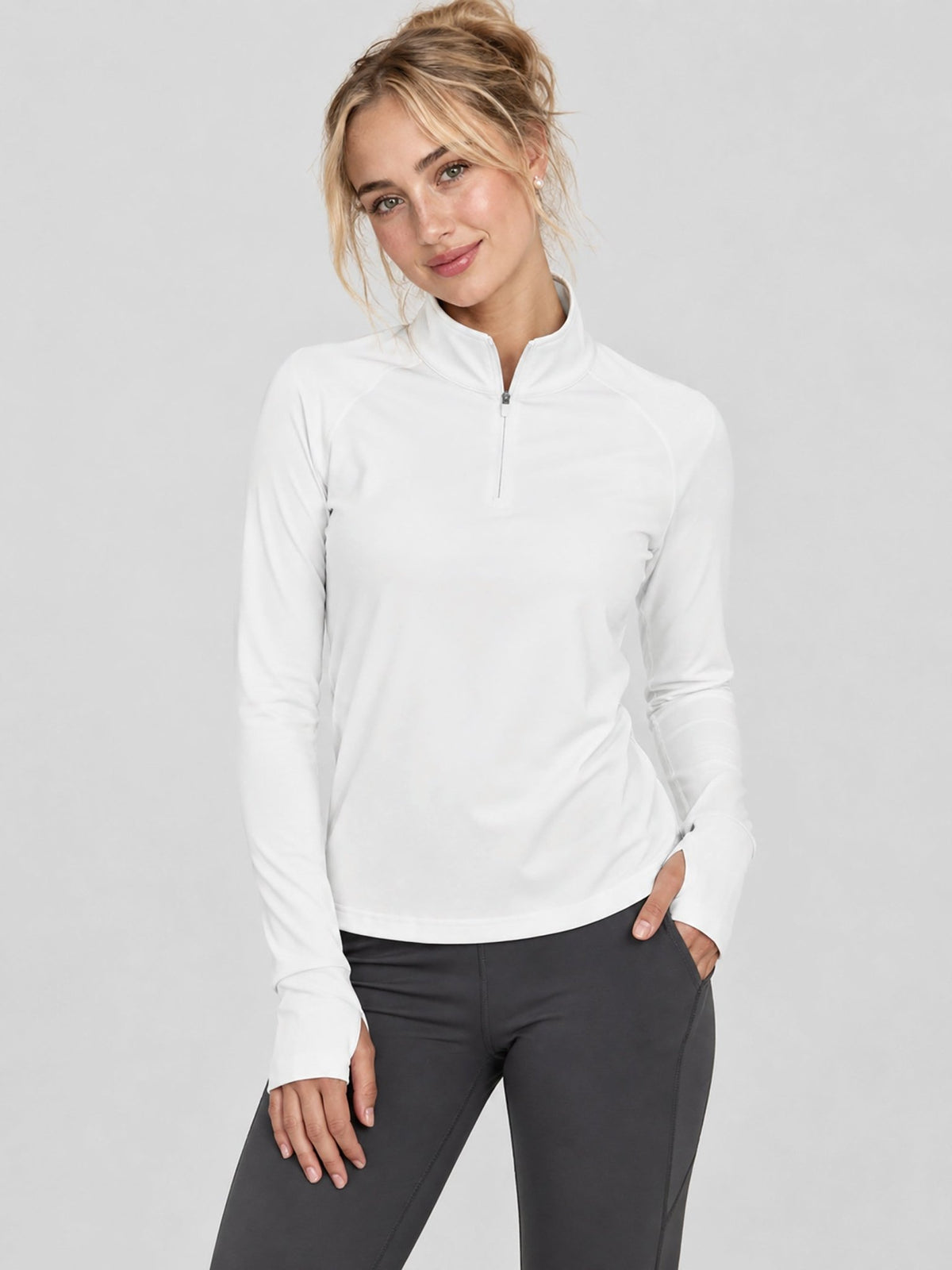 YUCOLEN Women's Fleece Quarter Zip Pullover for Running & Golf in White