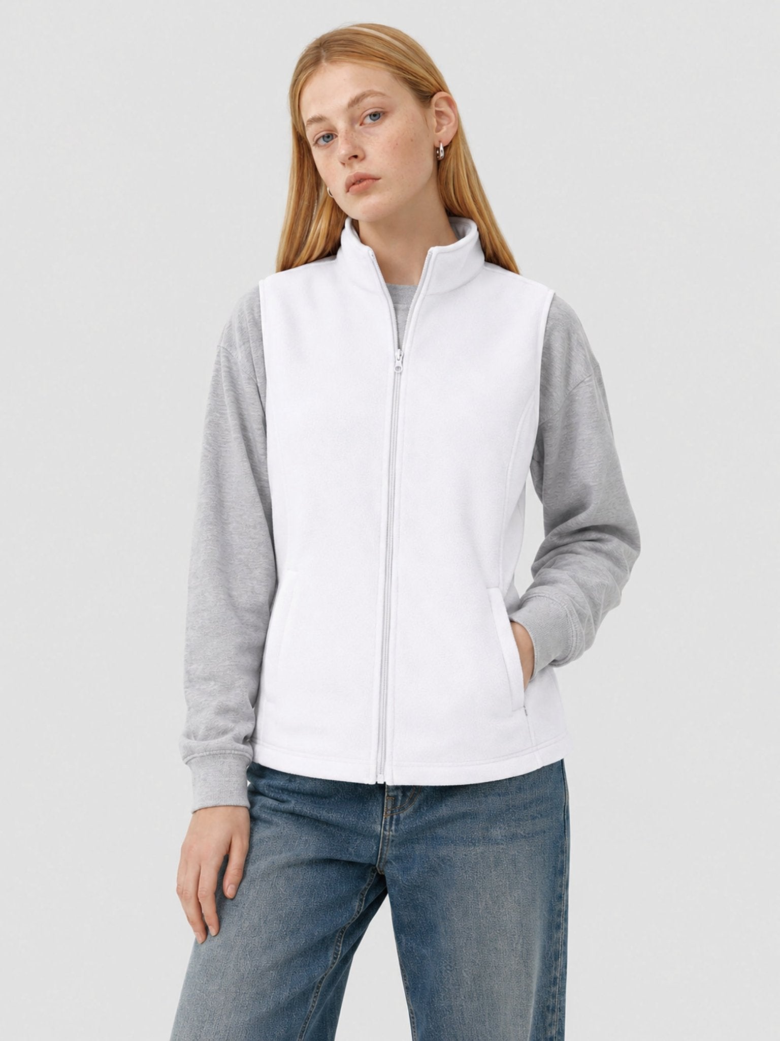YUCOLEN Women's Full Zip Fleece Vest Anti-Static Sleeveless Jacket with Pockets in White