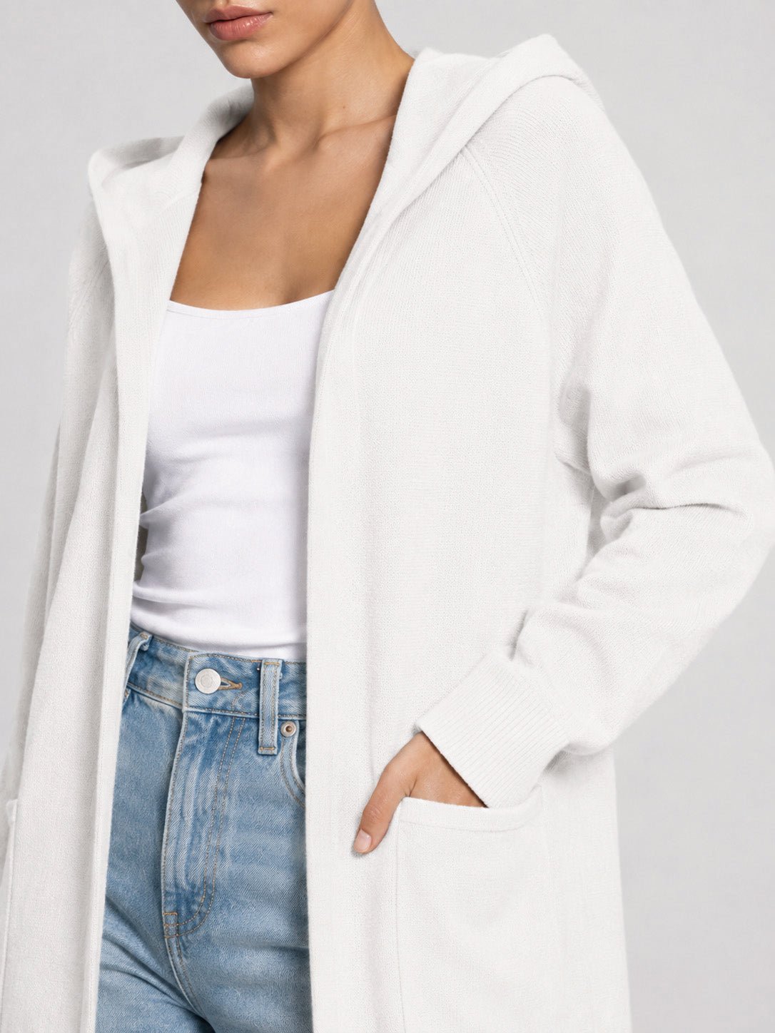 YUCOLEN Women's Hooded Open Front Cardigan Soft Knit Mid-Thigh Coatigan with Pockets in White