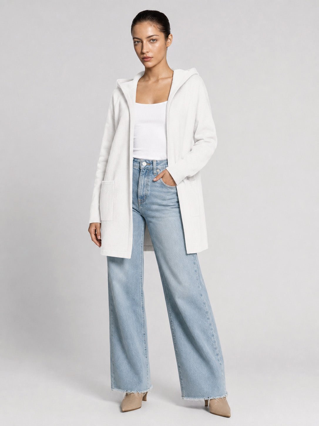 YUCOLEN Women's Hooded Open Front Cardigan Soft Knit Mid-Thigh Coatigan with Pockets in White