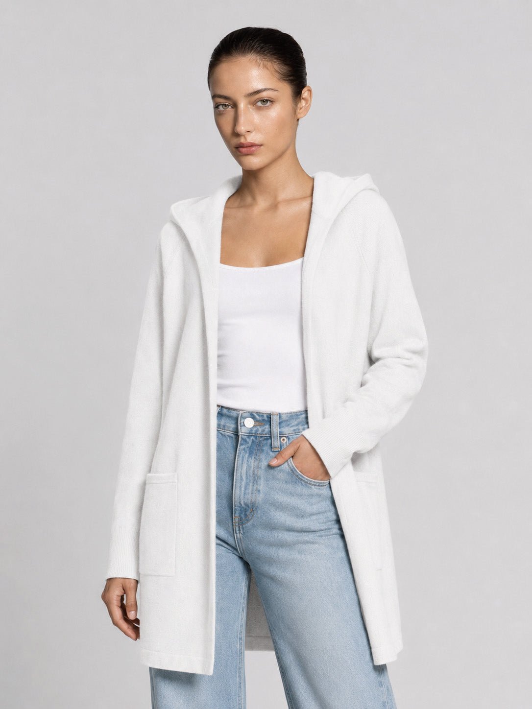 YUCOLEN Women's Hooded Open Front Cardigan Soft Knit Mid-Thigh Coatigan with Pockets in White