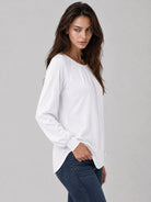 YUCOLEN Women's Lantern Sleeve Pleated Blouse Soft Cotton Rayon Dressy Casual Top in White