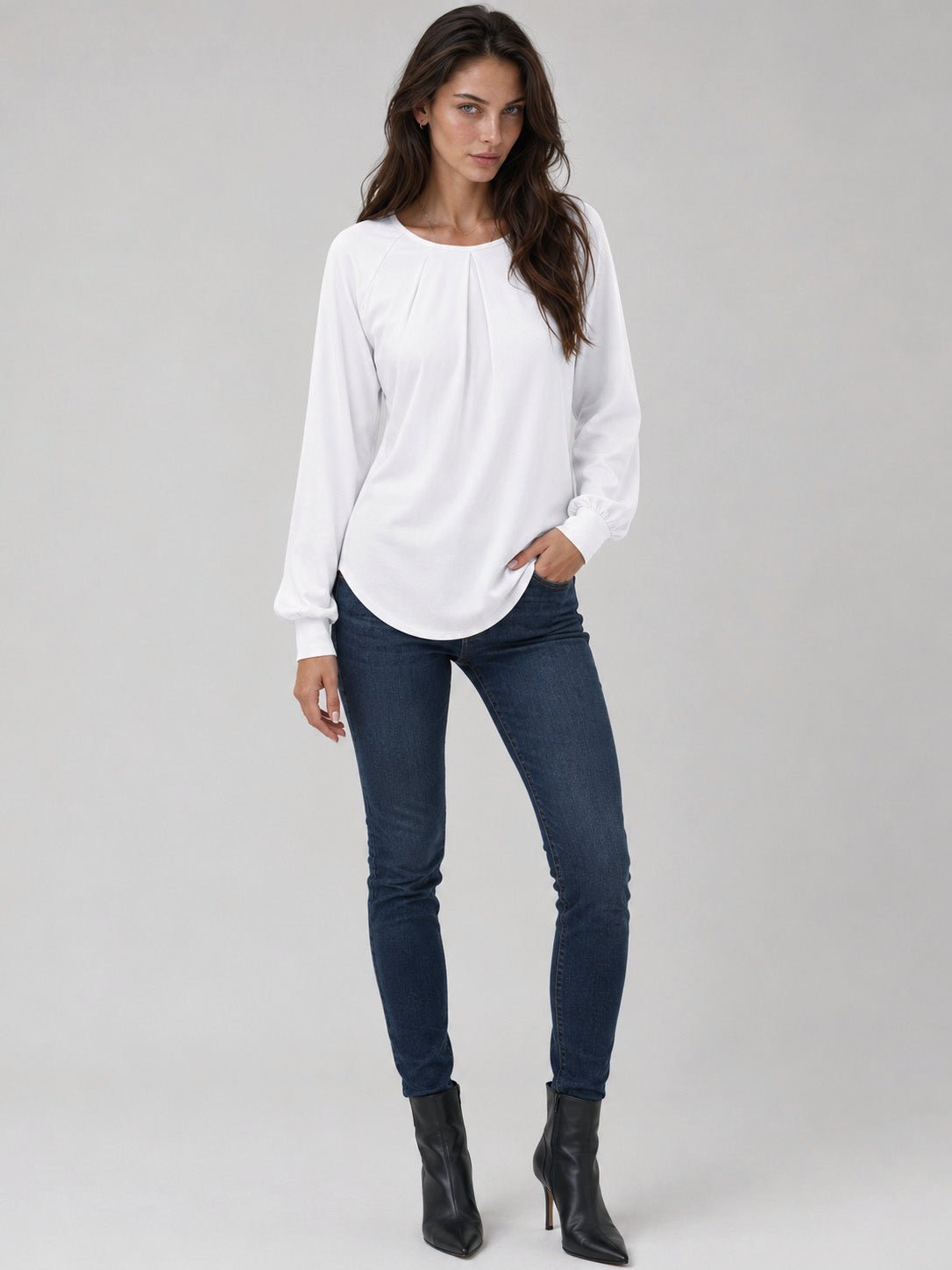 YUCOLEN Women's Lantern Sleeve Pleated Blouse Soft Cotton Rayon Dressy Casual Top in White
