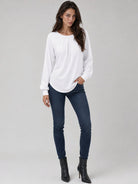 YUCOLEN Women's Lantern Sleeve Pleated Blouse Soft Cotton Rayon Dressy Casual Top in White