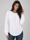 YUCOLEN Women's Lantern Sleeve Pleated Blouse Soft Cotton Rayon Dressy Casual Top in White