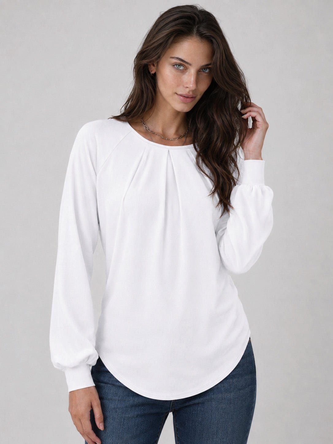 YUCOLEN Women's Lantern Sleeve Pleated Blouse Soft Cotton Rayon Dressy Casual Top in White