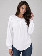 YUCOLEN Women's Lantern Sleeve Pleated Blouse Soft Cotton Rayon Dressy Casual Top in White