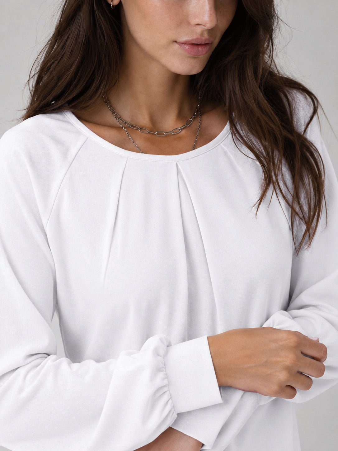 YUCOLEN Women's Lantern Sleeve Pleated Blouse Soft Cotton Rayon Dressy Casual Top in White