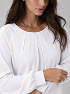 YUCOLEN Women's Lantern Sleeve Pleated Blouse Soft Cotton Rayon Dressy Casual Top in White