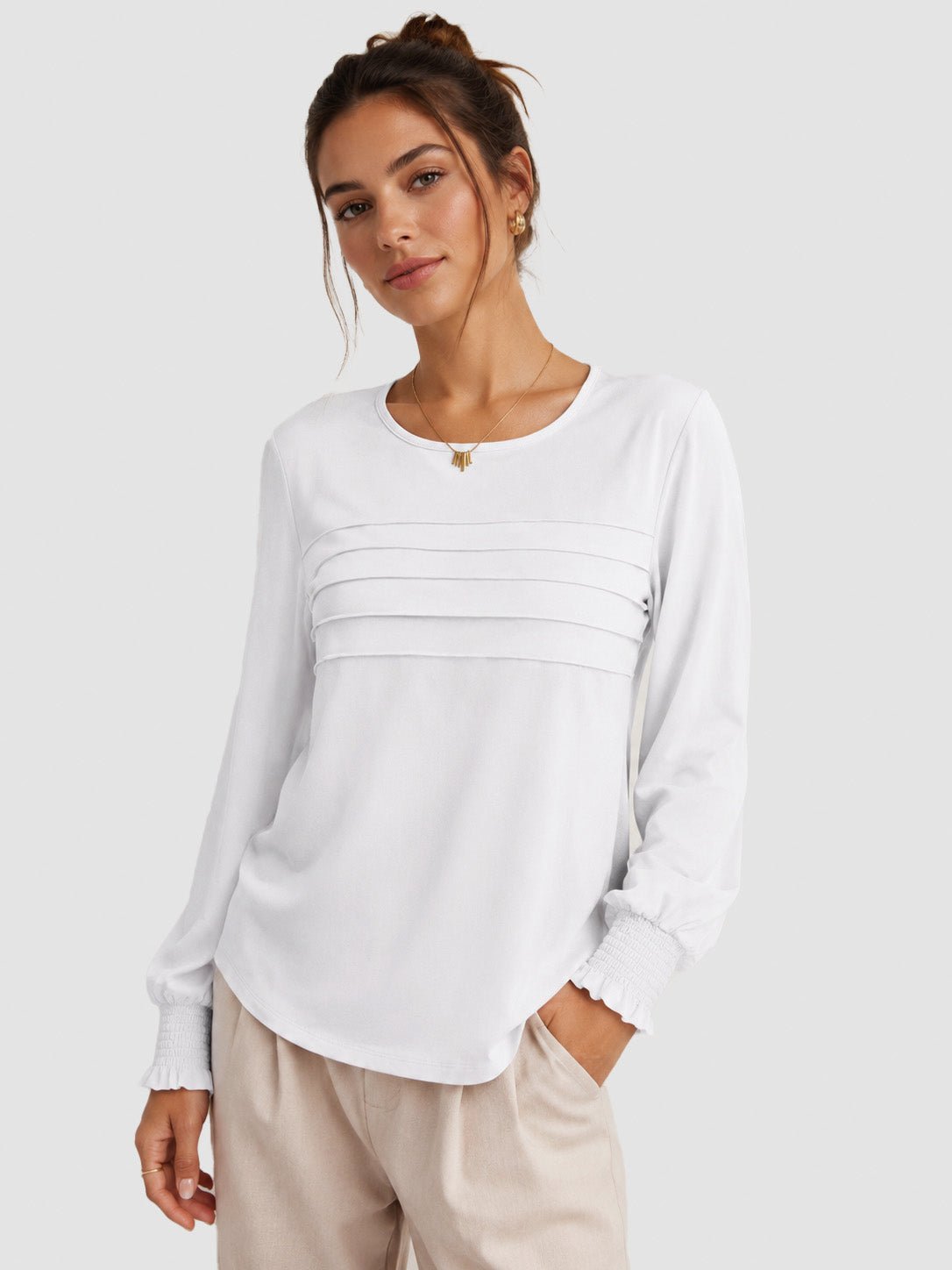 YUCOLEN Women's Lantern Sleeve Pleated Blouse Soft Cotton Rayon Dressy Top in White