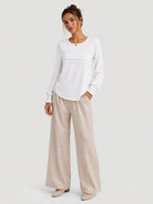 YUCOLEN Women's Lantern Sleeve Pleated Blouse Soft Cotton Rayon Dressy Top in White