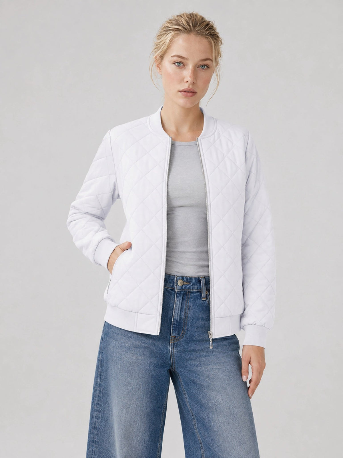 YUCOLEN Women's Lightweight Diamond Quilted Bomber Jacket with Secure Zip Pockets in White