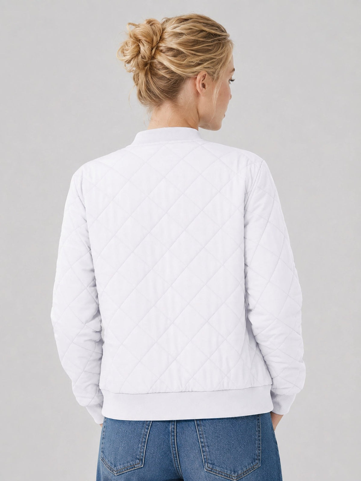 YUCOLEN Women's Lightweight Diamond Quilted Bomber Jacket with Secure Zip Pockets in White