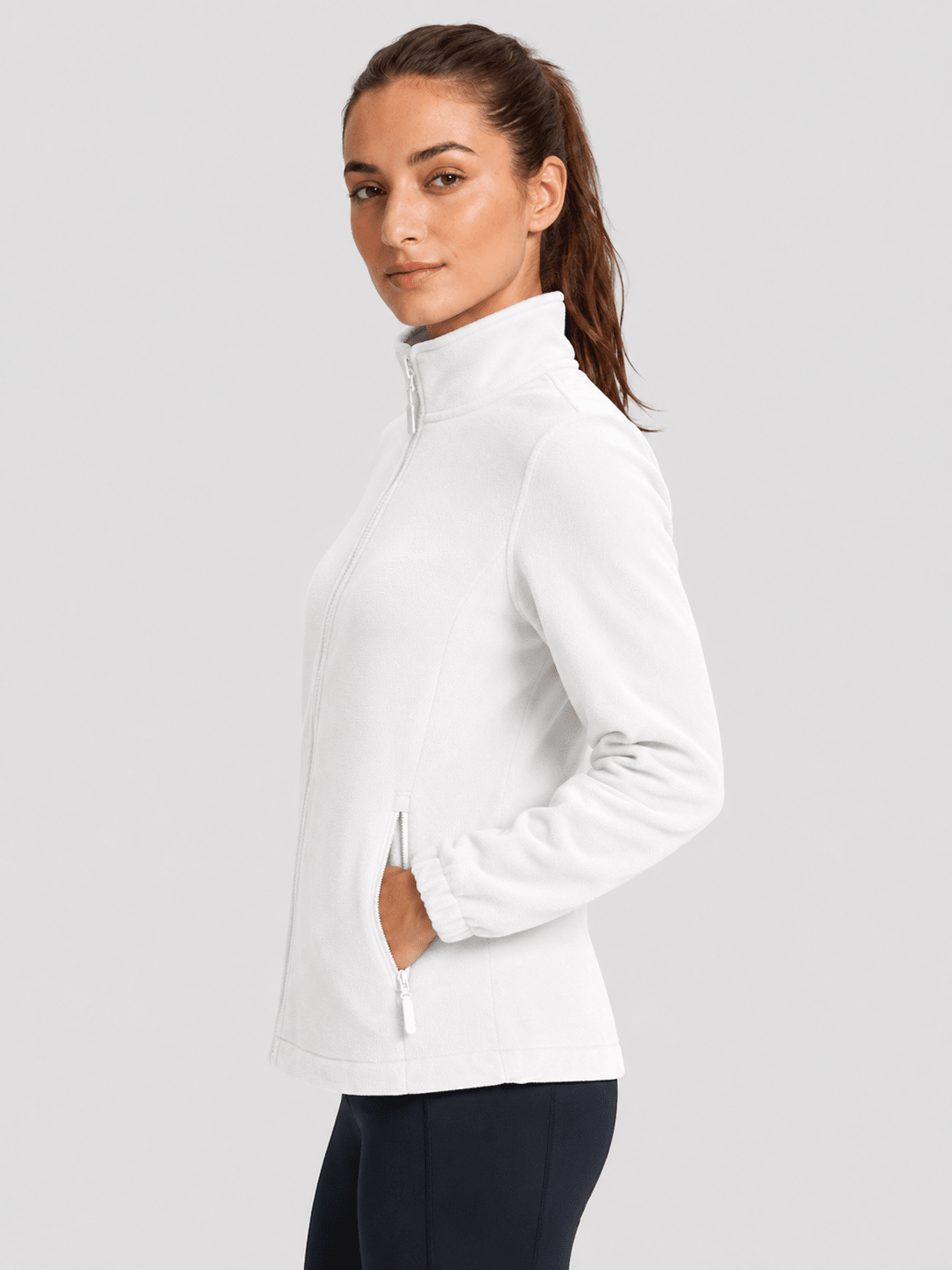 YUCOLEN Women's Lightweight Full Zip Fleece Jacket Windproof Stand Collar Outdoor Sweatshirt in White