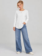 YUCOLEN Women's Long Sleeve Crewneck Tunic Top with Curved Hem in White