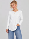 YUCOLEN Women's Long Sleeve Crewneck Tunic Top with Curved Hem in White