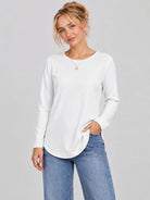 YUCOLEN Women's Long Sleeve Crewneck Tunic Top with Curved Hem in White
