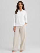 YUCOLEN Women's Long Sleeve Golf Shirt Breathable Cotton Blend 5-Button Top in White