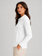 YUCOLEN Women's Long Sleeve Golf Shirt Breathable Cotton Blend 5-Button Top in White