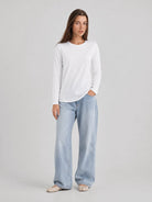 YUCOLEN Women's Long Sleeve Tri-blend Shirt Soft Breathable Loose Fit Crew Neck Tee in White