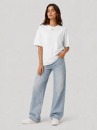 YUCOLEN Women's Oversized Cotton Blend T-Shirt Loose Fit Drop Shoulder Crewneck Tee in White