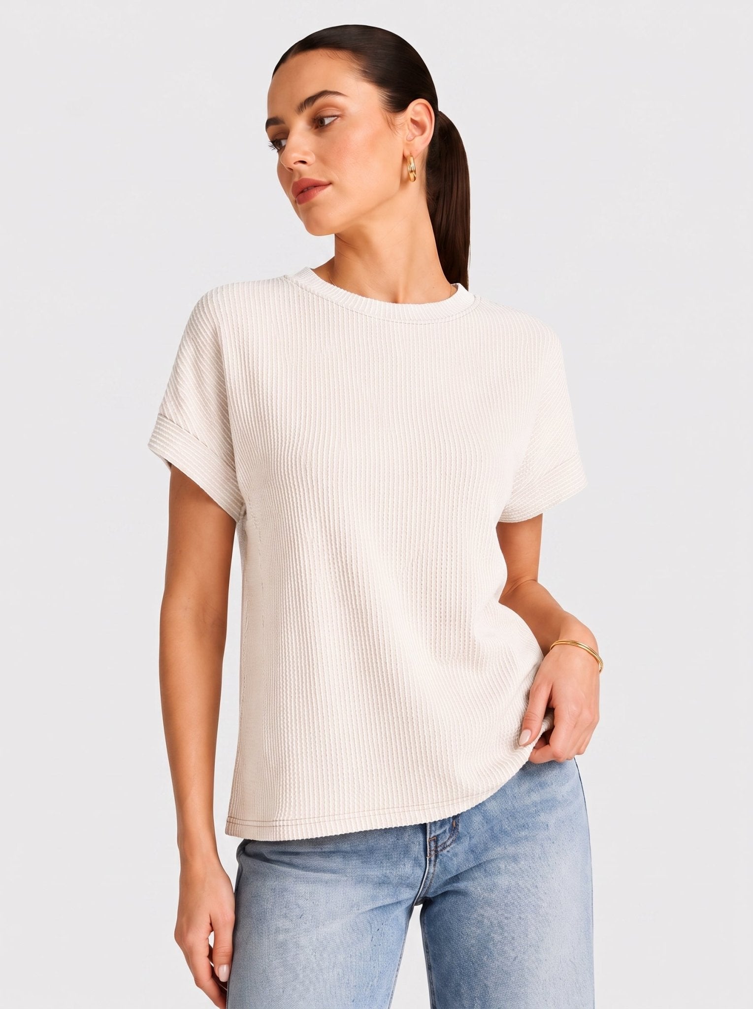 YUCOLEN Women's Oversized Ribbed Knit Short Sleeve T-Shirt Loose Batwing Casual Top in White