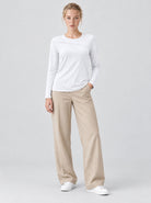 YUCOLEN Womens Pleated Crew Neck Long Sleeve Casual Stretch Top in White