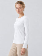 YUCOLEN Womens Pleated Crew Neck Long Sleeve Casual Stretch Top in White