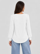 YUCOLEN Womens Pleated Puff Sleeve Crew Neck Long Sleeve Tunic Top in White