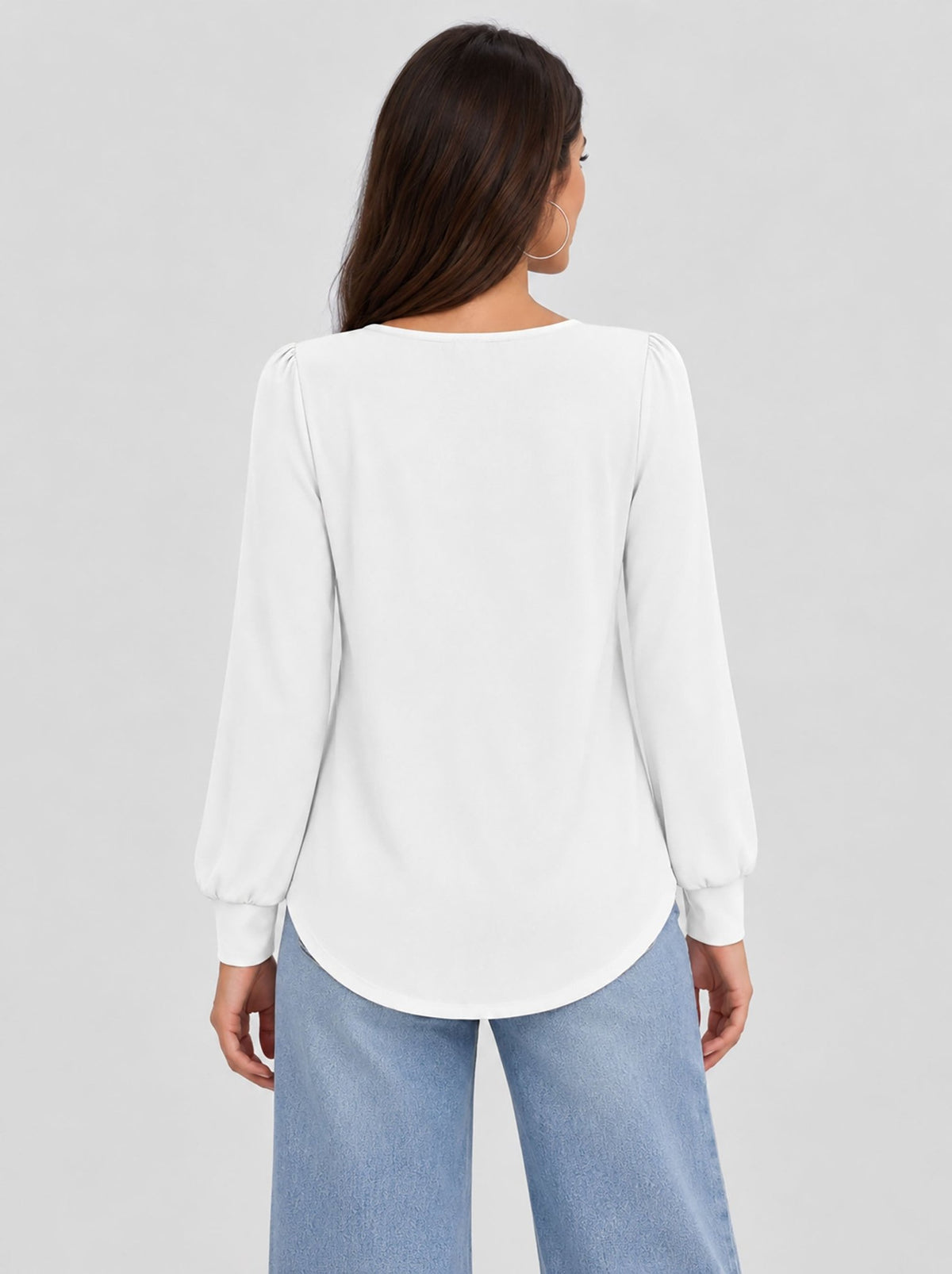 YUCOLEN Womens Pleated Puff Sleeve Crew Neck Long Sleeve Tunic Top in White
