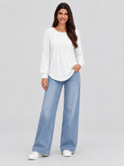 YUCOLEN Womens Pleated Puff Sleeve Crew Neck Long Sleeve Tunic Top in White