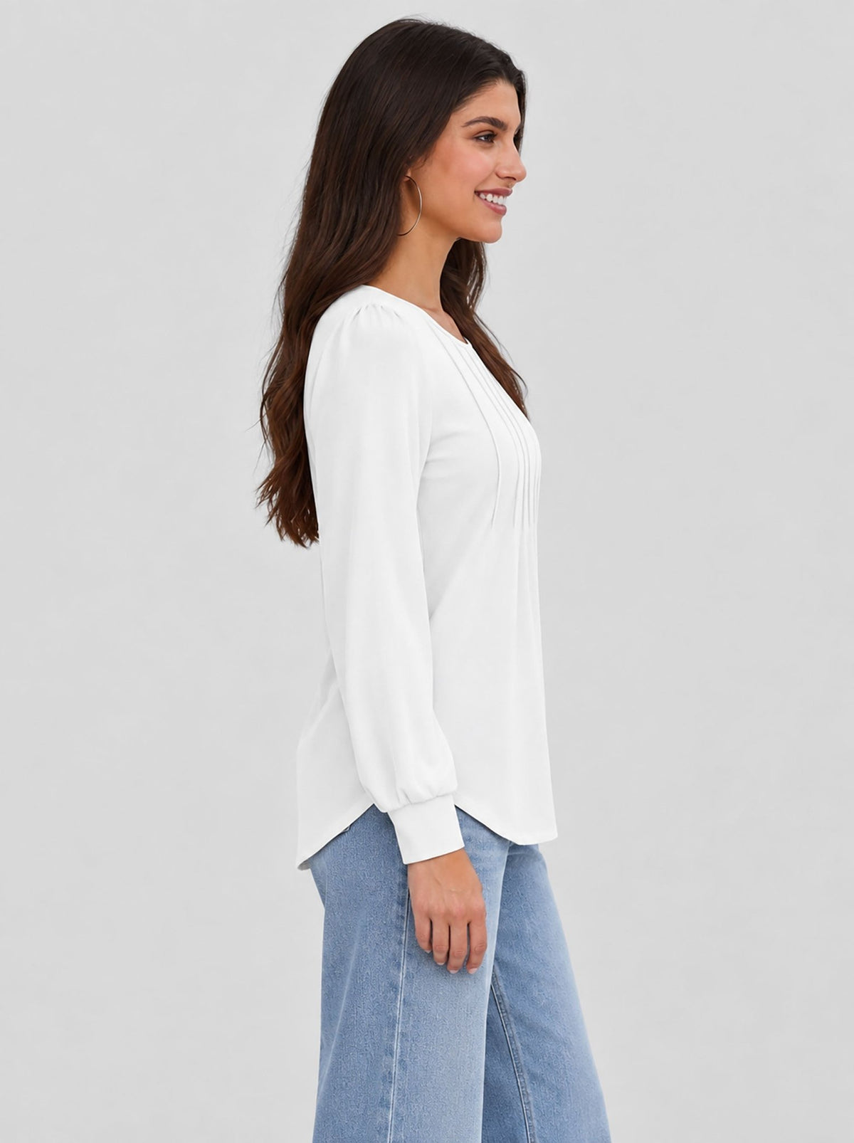 YUCOLEN Womens Pleated Puff Sleeve Crew Neck Long Sleeve Tunic Top in White